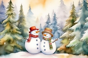 Obraz premium Watercolor postcard with happy couple of snowmen in a snowy forest. Cute Character