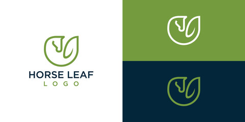 Horse Leaf Logo Designs. Horse Leaf with Lineart Outline Style Designs Vector Illustration.