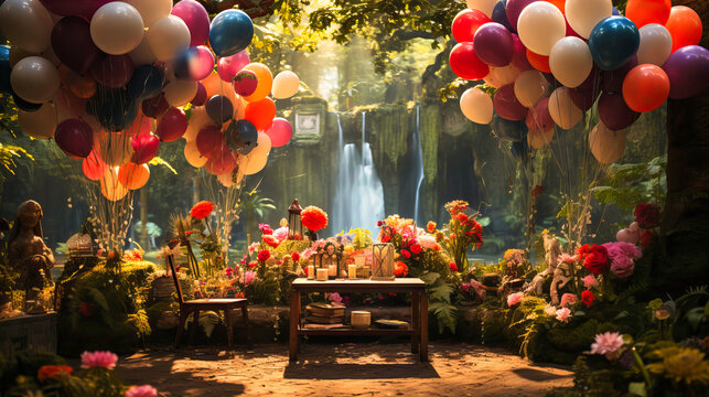 Striking image of a birthday scene with vivid balloons and a lush backdrop,