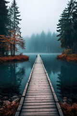 a wooden path to calm lake, landscape nature photo, minimal wallpaper