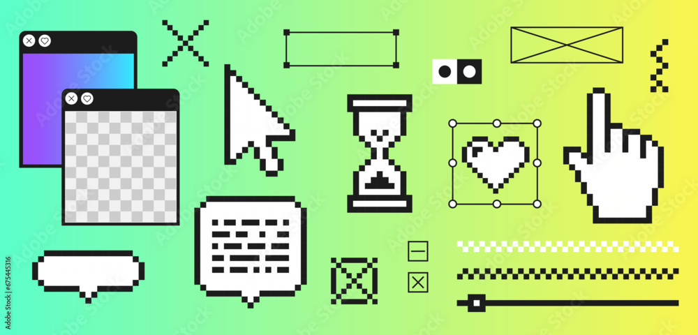 Fototapete Pixels trend. Elements in the mood of 90's aesthetics. Y2k trendy stickers. Geometric Brutalism shape. 8-bit retro style illustration. Gradient background. Simple forms, symbols , pointer