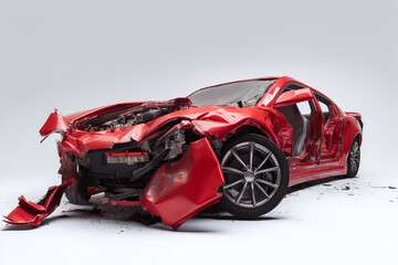 Red car accident isolated on a white background - obrazy, fototapety, plakaty