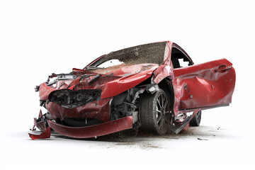 Red car accident isolated on a white background - obrazy, fototapety, plakaty