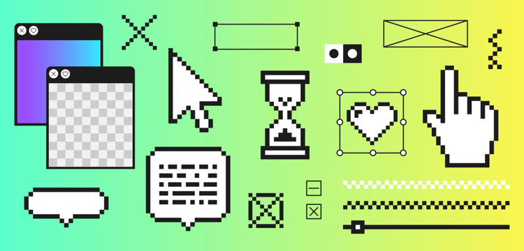 Pixels trend. Elements in the mood of 90's aesthetics. Y2k trendy stickers. Geometric Brutalism shape. 8-bit retro style illustration. Gradient background. Simple forms, symbols , pointer
