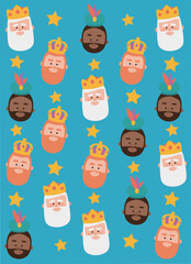 Christmas blue background, the three kings of orient, Melchior, Gaspard and Balthazar for wrapping paper pattern