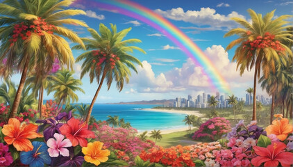 Fototapeta na wymiar A stunning and unique tropical landscape, with palm trees swaying in the gentle breeze, and a rainbow of colorful flowers blooming in the foreground - AI Generative