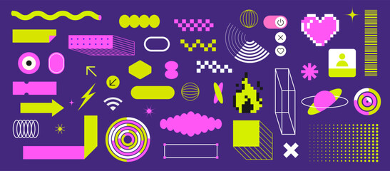Trendy stickers Y2k elements. designs for nineties style. Objects for composition. Flat design. Bright colors and funky style. Neon , zine aesthetic. Vectored shapes, retro vibes. Pink, violet, yellow