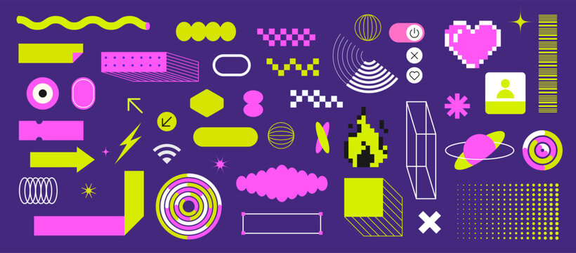 Trendy stickers Y2k elements. designs for nineties style. Objects for composition. Flat design. Bright colors and funky style. Neon , zine aesthetic. Vectored shapes, retro vibes. Pink, violet, yellow