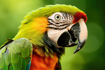 tête de perroquet ara sauvage de profil avec plumes multicolore - obrazy, fototapety, plakaty