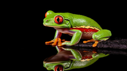 Obraz premium rainette verte aux yeux rouge sur fond noir