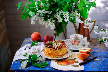 Cottage cheese Kugel with apples .style rustic