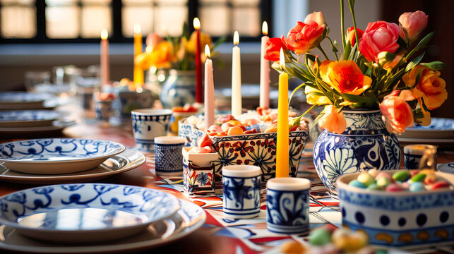 Eye-catching image of a birthday table setting with bold patterns,