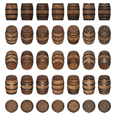 wooden barrel collection isolated 3d render