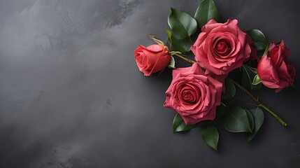 Soft blush red roses on slate grey background. Copy space. Space for text.