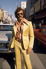 vintage, fashion, seventies, retro, man, street, style, yellow suit, classic, sunglasses, mustache, confident, city