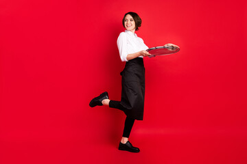 Full length photo of dreamy nice young woman hold tray service staff isolated on red color background - obrazy, fototapety, plakaty