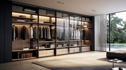 a closet with plenty of storage, several sections, exquisite designs, and sliding doors - obrazy, fototapety, plakaty
