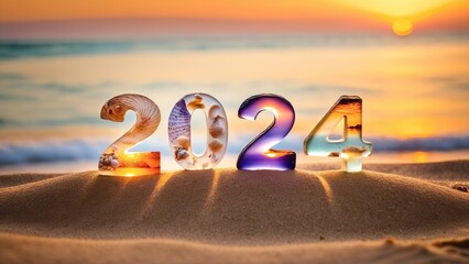 Sunset beach 'Happy New Year 2024' celebration numbers. Generative AI. - obrazy, fototapety, plakaty