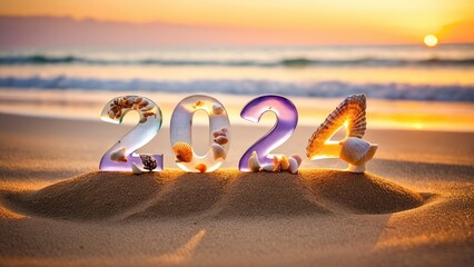 Sunset beach 'Happy New Year 2024' celebration numbers. Generative AI.