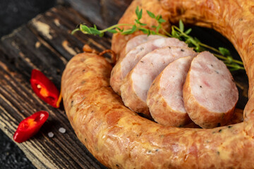 chicken sausage on a wooden board. banner, menu, recipe place for text, top view
