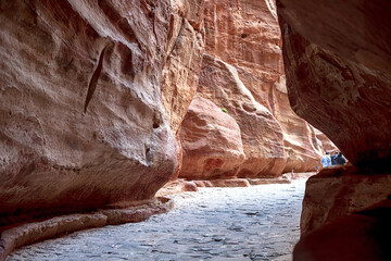 Kayon Sik. Close-up of the intricately shaped canyon walls and winding road. Petra Jordan