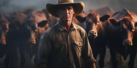 Gordijnen Farmer with cows on the meadow © FR-Studio