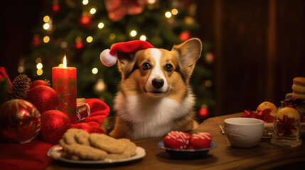 A fluffy dog is surrounded by Christmas presents under a tree adorned with lights and red and gold ornaments.