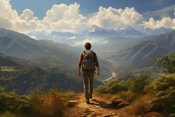 A man hiker with a backpack walks along a path to the mountains, view from the back