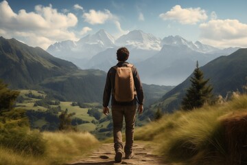 Fototapeta premium A man hiker with a backpack walks along a path to the mountains, view from the back