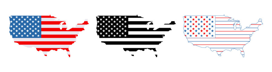 USA flag in US map style. Vector isolated flags icon or signs. Symbols or signs of the United States of America. USA map with flag isolated icons. Vector templates. EPS 10