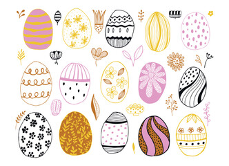multicolored Easter eggs with botanical elements set doodle style. Happy easter hand drawn isolated on white background. Spring holiday. Happy Easter. Vector Illustration.
