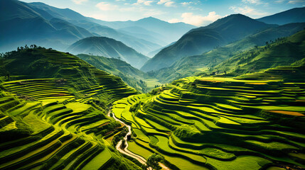 Scenic depiction of terraced fields on a mountainside, showcasing adaptability in agriculture, - obrazy, fototapety, plakaty