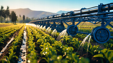 Detailed image of water irrigation system in a field, representing resource management, - obrazy, fototapety, plakaty