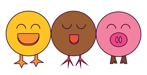Three circular animals. cartoon. White background. Duck, bird and pig. Happy emotions. 