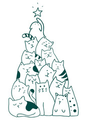 Cats forming a christmas tree. Hand drawn vector illustration. White background