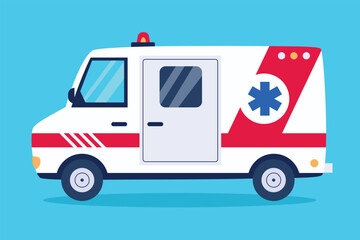 Vector illustration for children. Emergency ambulance. Means of transport for sick people. Blue background