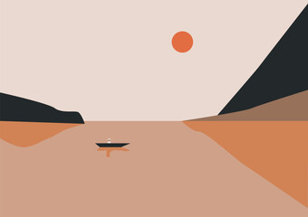 Landscape sea and mountains. Sunset with a boat. Vector illustration. Minimalist, simple and basic poster. Landscape banner in warm pastel tones for art decorations, decoration print.