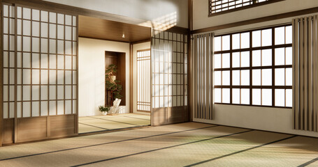 Nihon room design interior with door paper and tatami mat floor room japanese style.