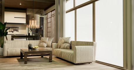 sofa and decoration japanese on Modern room interior wabisabi style.
