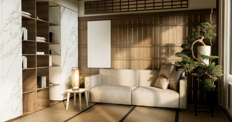sofa and decoration japanese on Modern room interior wabisabi style.