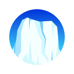 Round floating iceberg, drifting arctic glacier, block of frozen ocean water. Icy mountains with snow. Melting ice peak. Antarctic snowy landscape. South and North Pole. Vector illustration