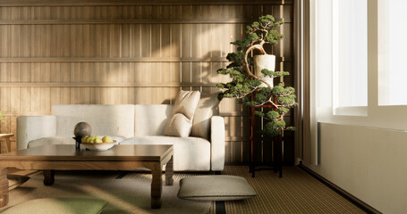 low table and pillow on tatami mat in wooden room japanese style.