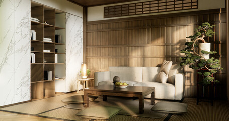 low table and pillow on tatami mat in wooden room japanese style.