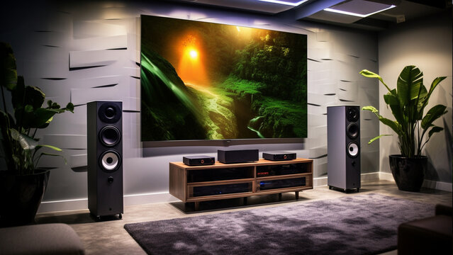 photograph of a home theatre system in a modern, finished, concrete basement, two tall bowers and wilkins speakers on either side of a 88 inch OLED TV, modern sleek entertainment center 