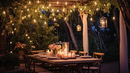 Gordijnen villa garden with large magnolia tree with many lanterns and electric lights light bulbs hanging from its branches, wedding party or other celebration © ASoullife