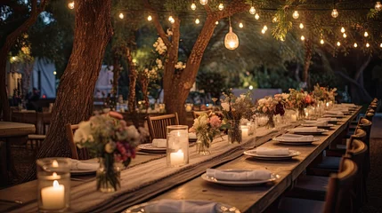 Fotobehang villa garden with large magnolia tree with many lanterns and electric lights light bulbs hanging from its branches, wedding party or other celebration © ASoullife