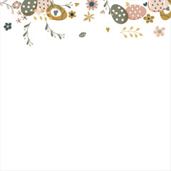 Happy Easter Banner. Pattern of eggs, flowers and twigs. For card, banner, poster, flyer, and web. Spring Festival. Vector illustration