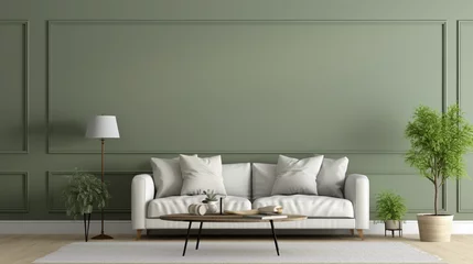 Fotobehang interior design for Modern cozy living room and sage green wall texture background  © Dumrongkait