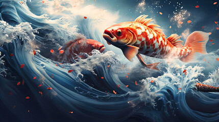 Japanese wave art, Traditional seascapes, Indigo hues with gold fish details - obrazy, fototapety, plakaty