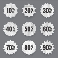 Crumpled paper price tags. Special offer or shopping discount label with percent, discount percentage value. Retail sticker with cardboard texture. Promotional sale badge. Vector illustration